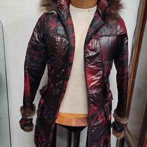 Women's Red and Black Quilted Jacket with Fur Trim